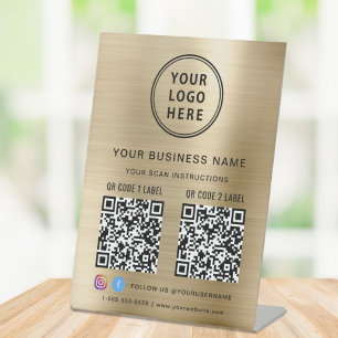 Business Logo 2 QR-codes Social Media Gold Reclamebord Met Voetstuk
