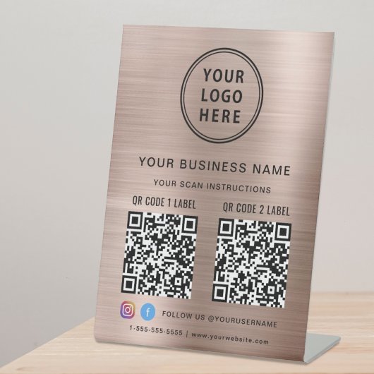 Business Logo 2 QR-codes Social Media Roos Gold Reclamebord Met Voetstuk