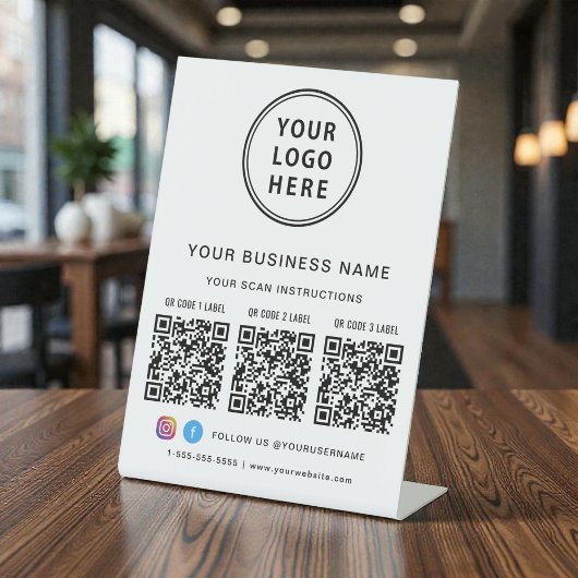 Business Logo 3 QR Codes Social Media Reclamebord Met Voetstuk