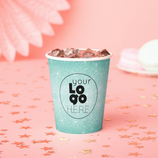 Business Logo Aqua Blue Glitter Papier Party Cup Papieren Bekers (Insitu)
