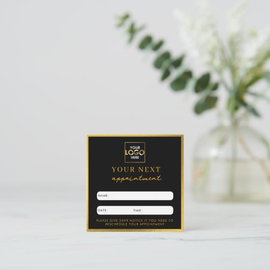 Business Logo Beauty Afspraakkaart Zwart Goud Vierkante Visitekaartje (Staand voorkant)