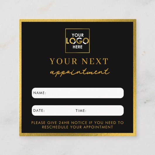 Business Logo Beauty Afspraakkaart Zwart Goud Vierkante Visitekaartje (Voorkant)