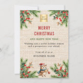 Business logo beige burlap pine leuke uil kerst feestdagenkaart (Voorkant)