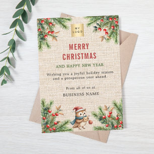 Business logo beige burlap pine leuke uil kerst feestdagenkaart