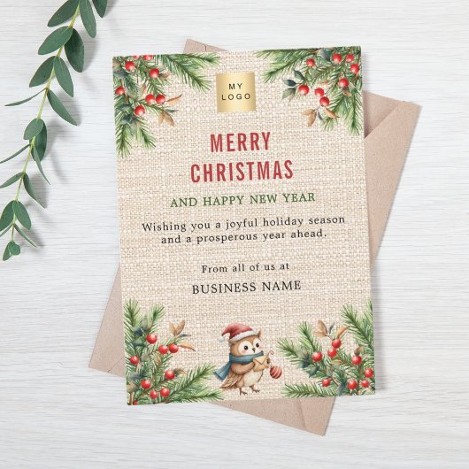 Business logo beige burlap pine leuke uil kerst feestdagenkaart
