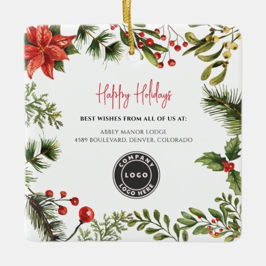 Business Logo Berries Mistletoe Kerstfeestdag Keramisch Ornament (Voorkant)