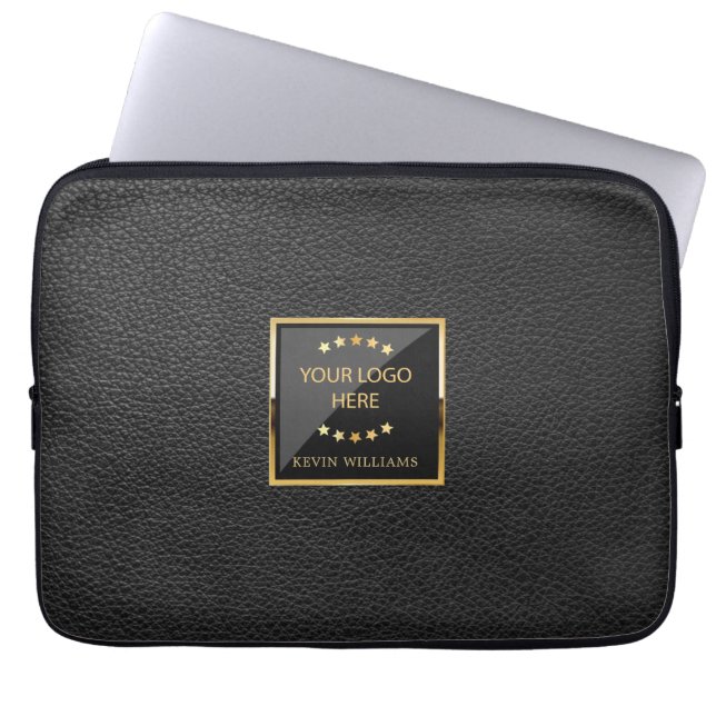 Business Logo Black Faux leder op maat Laptop Sleeve (Voorkant)