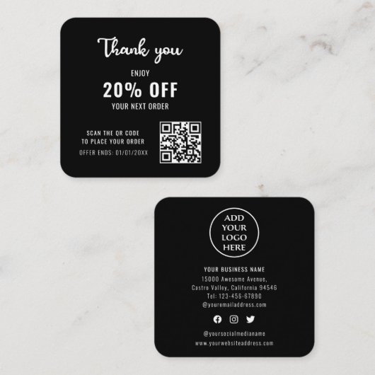 Business Logo Black White Modern QR Code Loyalty Kortingskaartje (Voorkant / Achterkant)