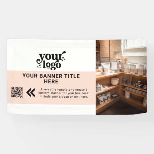 Business Logo Blush Roze Moderne QR Code Foto Spandoek (Horizontaal)