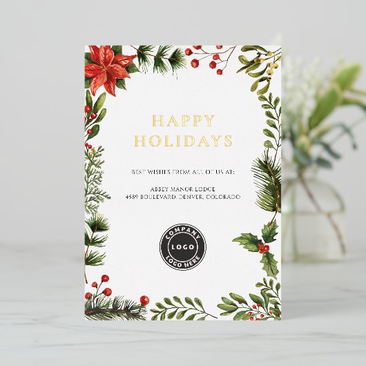 Business Logo Botanische Kerst Folie Feestdagenkaart (Staand Voorkant)