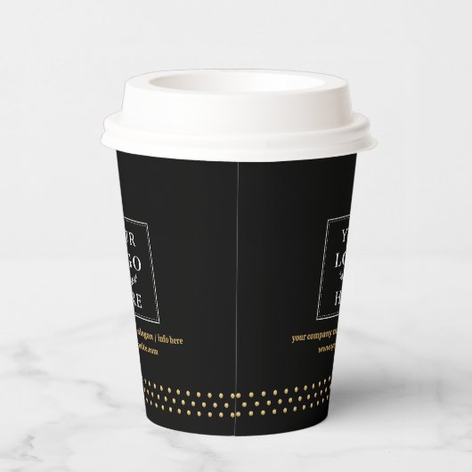 Business Logo Branded Paper Cup Black Gold Dots Papieren Bekers (Rechts)