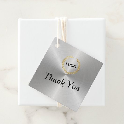 Business Logo Company Square Silver Hang Labels (In situ)