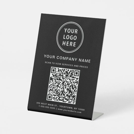 Business Logo Creëer Uw QR-code zwart Reclamebord Met Voetstuk (Voorkant)