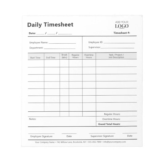 Business Logo Dagelijkse Timesheet Professioneel B Notitieblok (Voorkant)