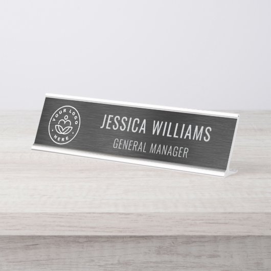 Business Logo Elegant Employee Faux Brushed Black Bureau Naambordje (Voorkant)