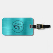 Business Logo Faux Turquoise Blue Ombre Folie Bagagelabel (Voorkant horizontaal)