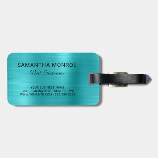 Business Logo Faux Turquoise Blue Ombre Folie Bagagelabel (Achterkant horizontaal)