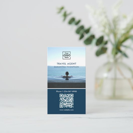 Business Logo Foto QR Code Modern Blue Visitekaartje (Staand voorkant)