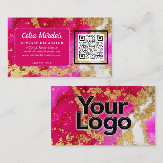 Business Logo Gold Elegance Pink Geode QR-code Informatiekaartje (Voorkant / Achterkant)