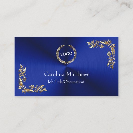 Business Logo Gold Foil Floral Corner Blue Visitekaartje (Voorkant)