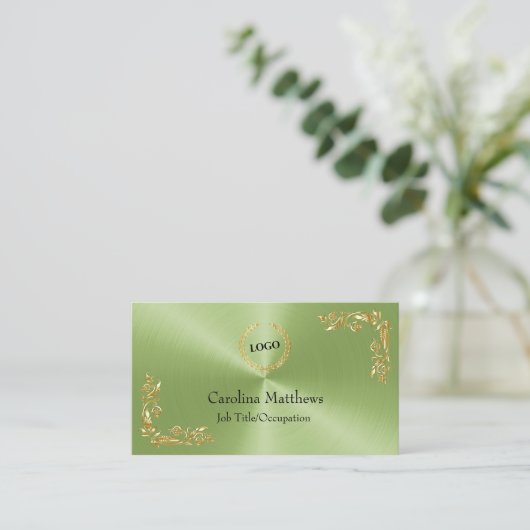 Business Logo Gold Foil Floral Corner Green Visitekaartje (Staand voorkant)