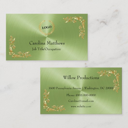 Business Logo Gold Foil Floral Corner Green Visitekaartje (Voorkant / Achterkant)