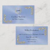 Business Logo Gold Foil Floral Corner Light Blue Visitekaartje (Voorkant / Achterkant)