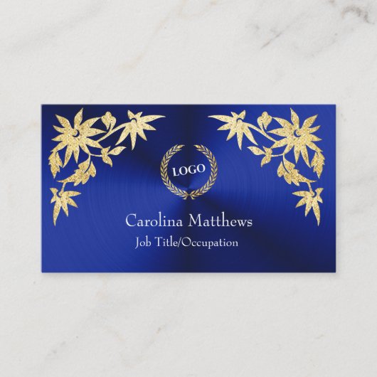 Business Logo Gold Foil Flower Corner Blue Visitekaartje (Voorkant)