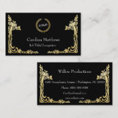 Business Logo Gold Foil Peacock Corner Black Visitekaartje (Voorkant / Achterkant)