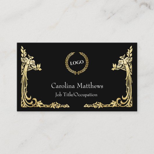 Business Logo Gold Foil Peacock Corner Black Visitekaartje (Voorkant)