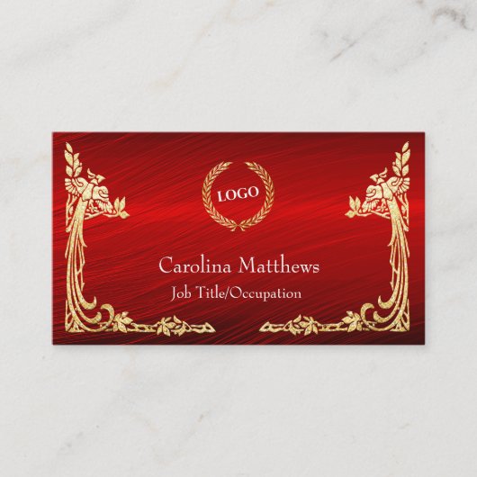 Business Logo Gold Foil Peacock Corner Red Visitekaartje (Voorkant)