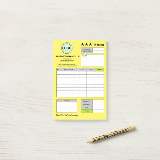Business Logo Invoice Receipts | Custom Yellow Pad Post-it® Notes (Op bureau)