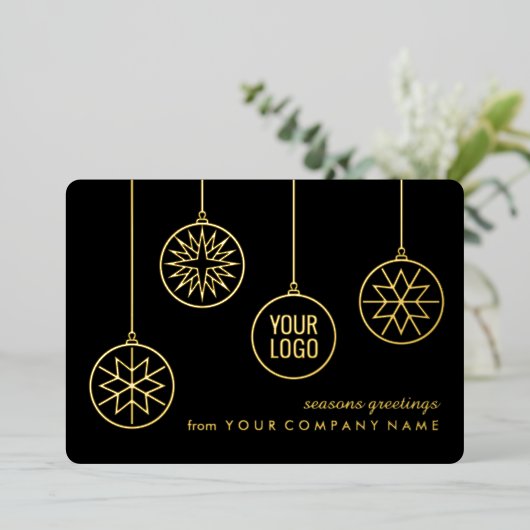 Business Logo Kerstversiering Zwart Modern Folie Feestdagenkaart (Staand Voorkant)