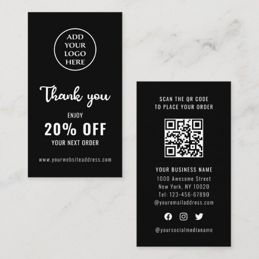Business Logo Loyalty Black White QR-code Verticaa Kortingskaartje (Voorkant / Achterkant)