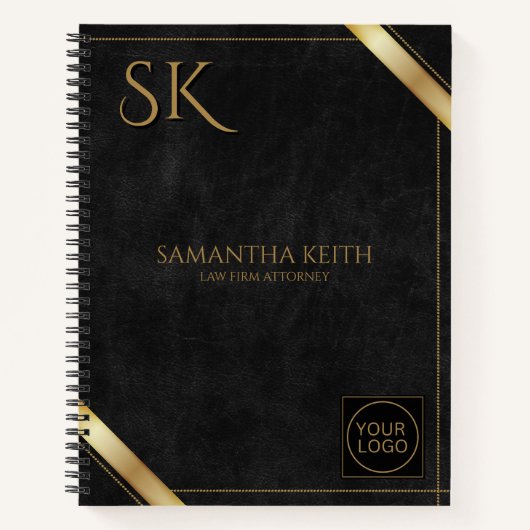 Business Logo Luxe Zwart Lederen Golden Stripe Notitieboek (Voorkant)