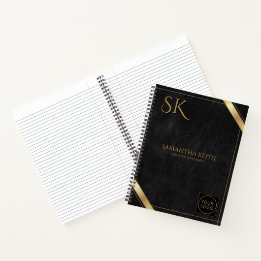 Business Logo Luxe Zwart Lederen Golden Stripe Notitieboek (Binnen)