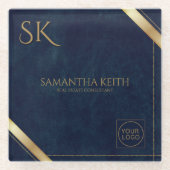 Business Logo Luxury Navy Leather 2025 Custom Glazen Onderzetter (Voorkant)