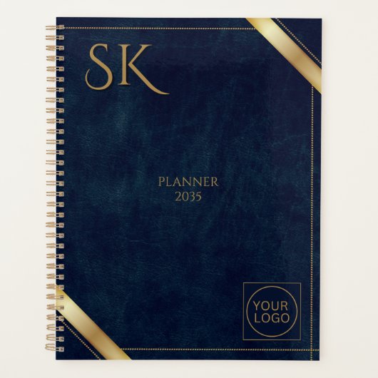 Business Logo Luxury Navy Leather 2025 Custom Planner (Voorkant)