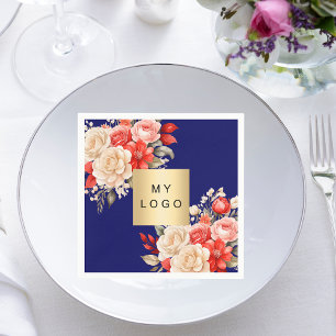 Business logo marine blauw rood ivoor bloemen servet