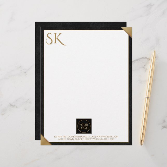 Business Logo Monogram zwart lederen briefhoofd (Voorkant / Achterkant in situ)