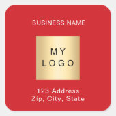 Business logo naam adres rood wit vierkante sticker (Voorkant)