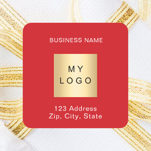 Business logo naam adres rood wit vierkante sticker
