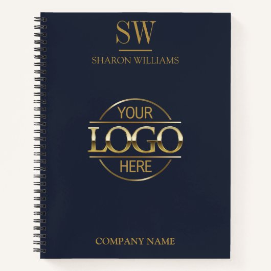 Business Logo Navy Blauw & Goud Monogram Initiaal Notitieboek (Voorkant)