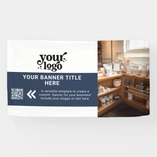 Business Logo Navy Blue Modern QR Code Foto Spandoek (Horizontaal)