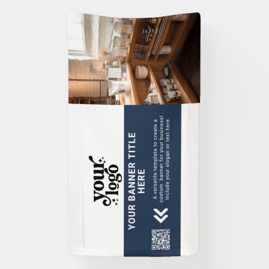 Business Logo Navy Blue Modern QR Code Foto Spandoek (Verticaal)