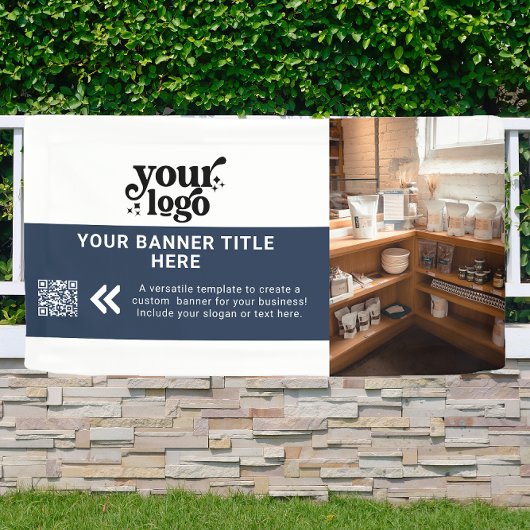 Business Logo Navy Blue Modern QR Code Foto Spandoek