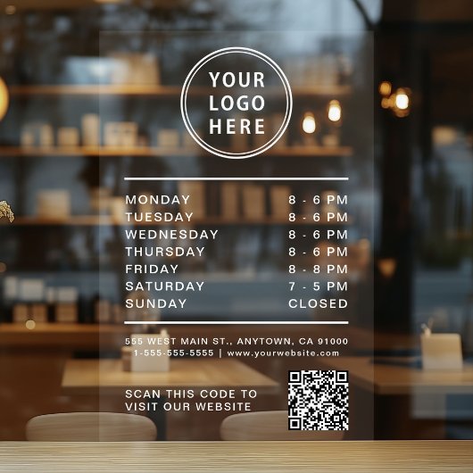 Business Logo Open Hours QR Code White Lettering Raamsticker