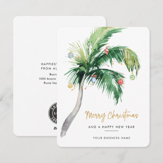 Business Logo Palm Tree Watercolor Christmas Feestdagenkaart (Voorkant / Achterkant)