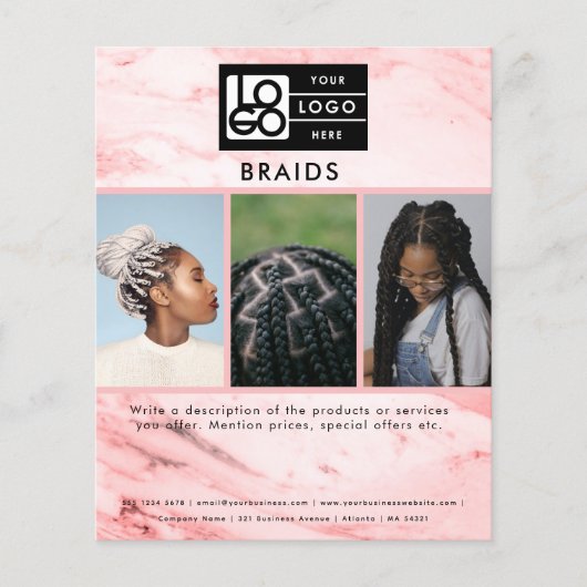 Business Logo Pink Marble Braids Hair 3 Photos  Flyer (Voorkant)