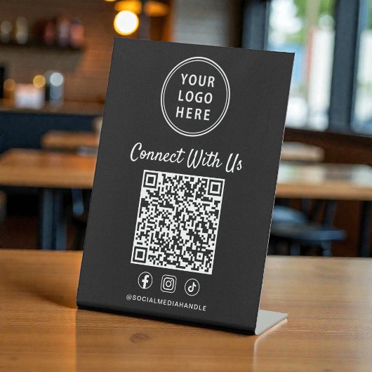 Business Logo QR Code Black Tabletop Reclamebord Met Voetstuk
